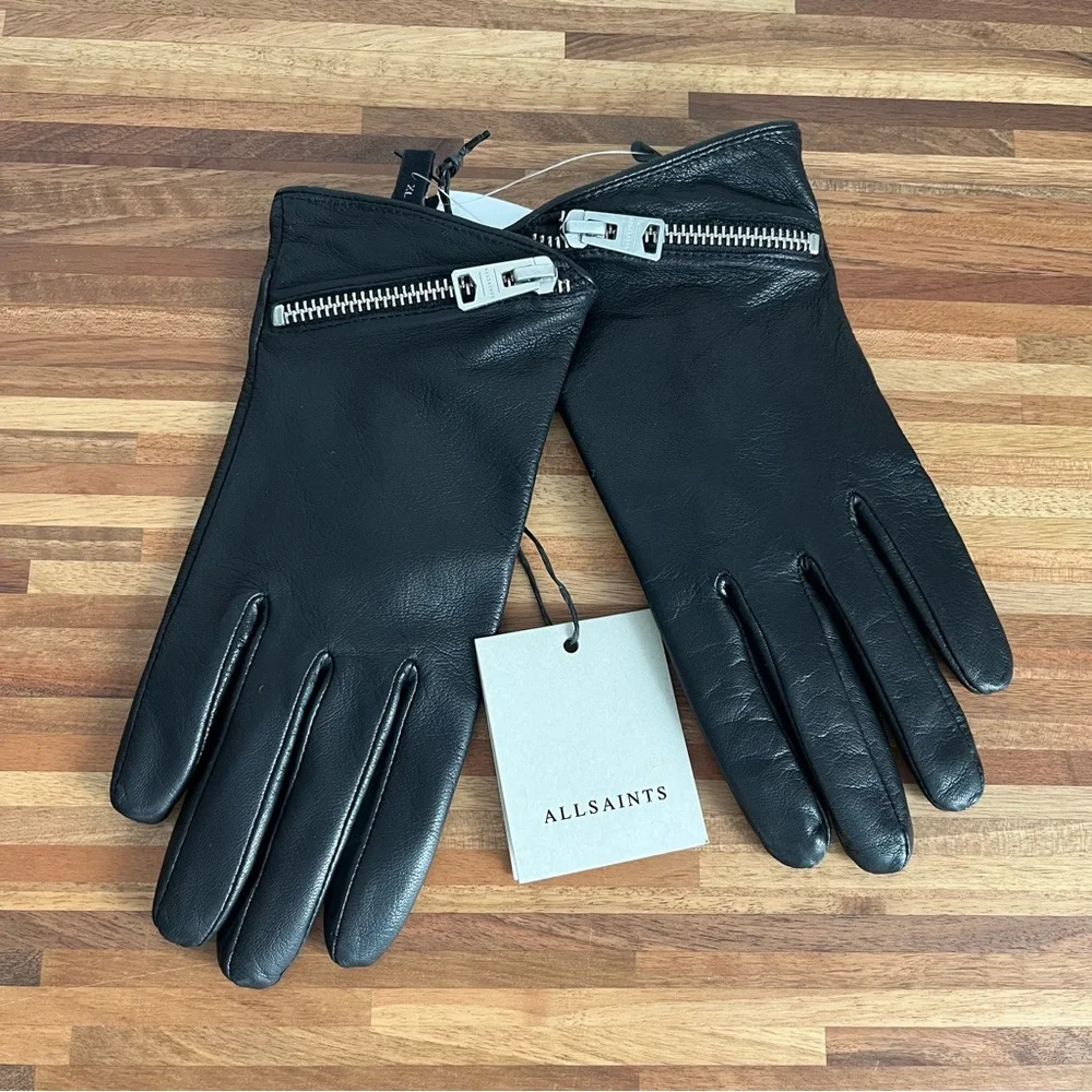 AllSaints Black Leather Gloves with Asymmetric Zipper - Picture 1 of 8